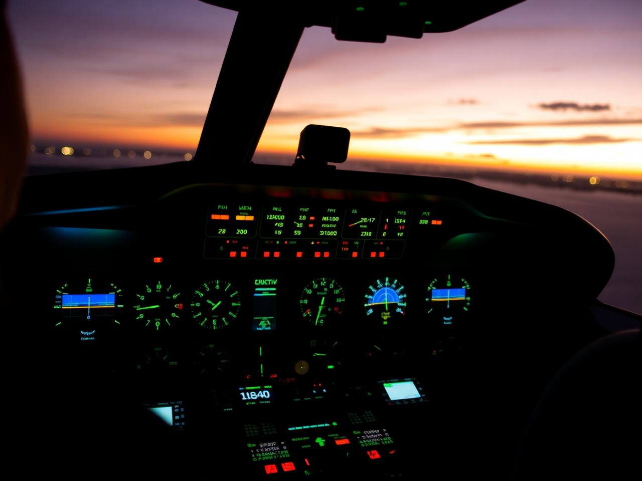 Cockpit d'avion avec instruments lumineux au coucher du soleil