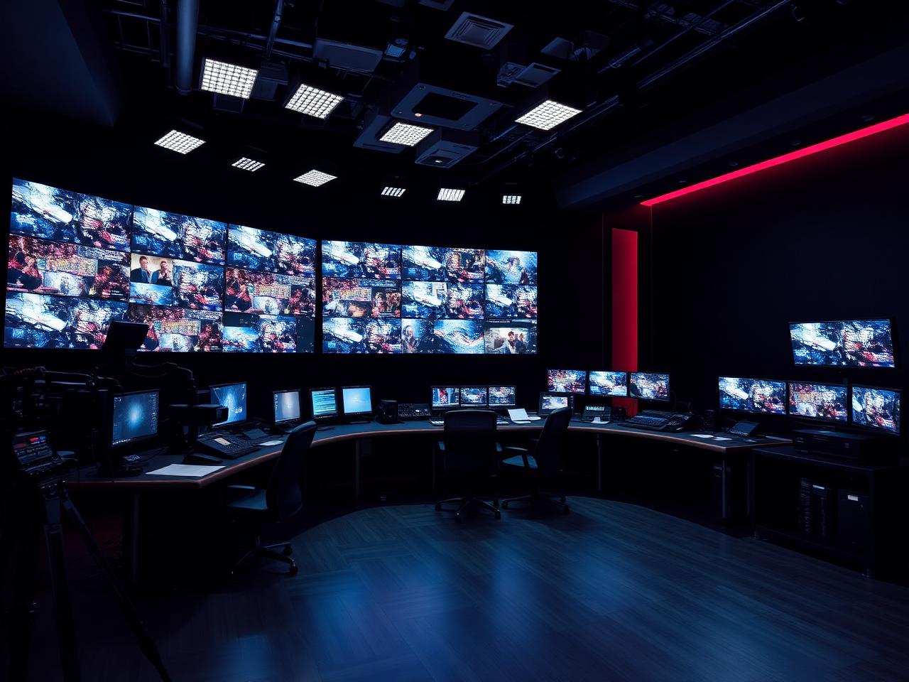Régie de production télévisuelle avec mur d'écrans broadcast