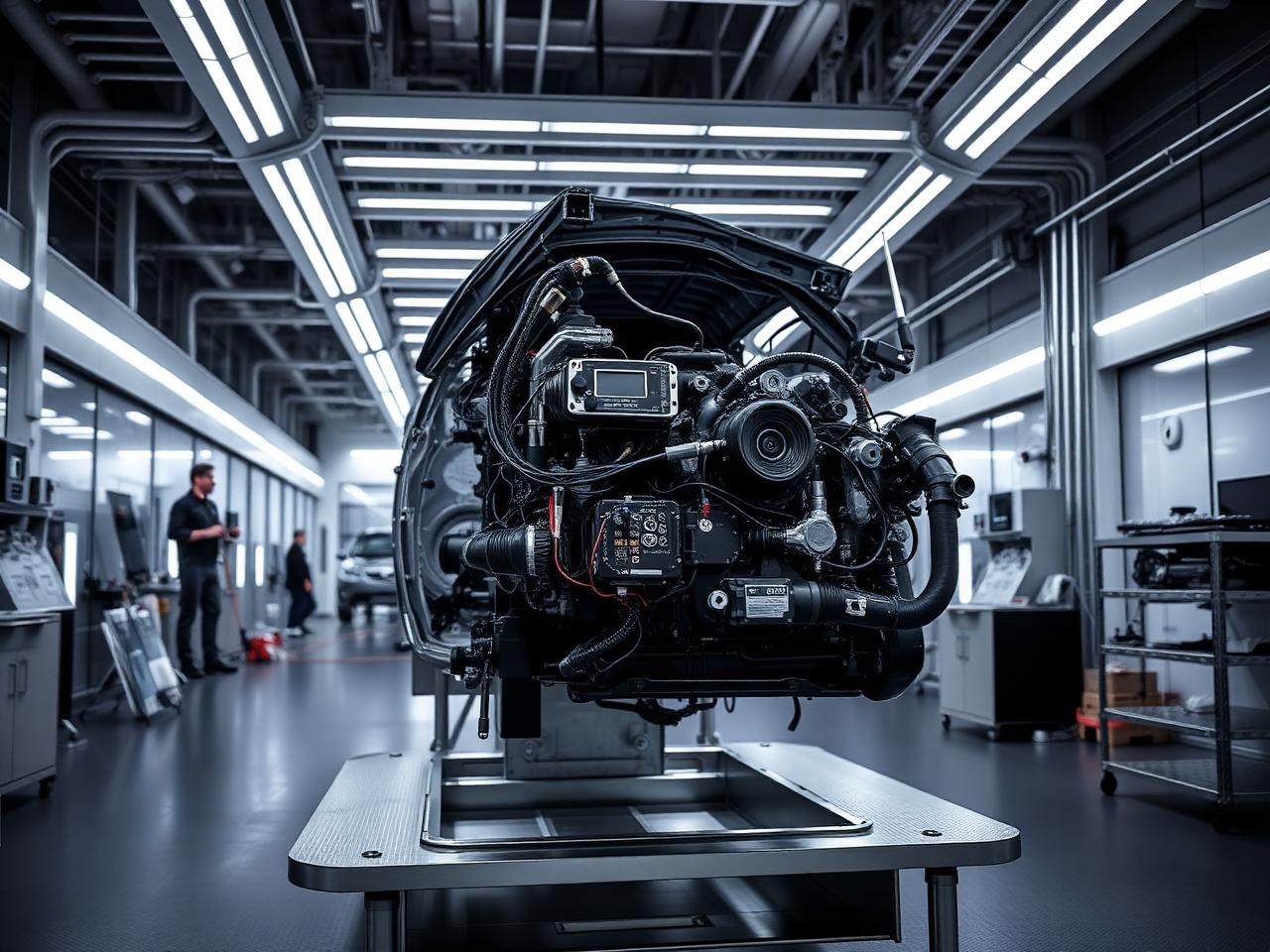 Moteur automobile et ses calculateurs électroniques en atelier