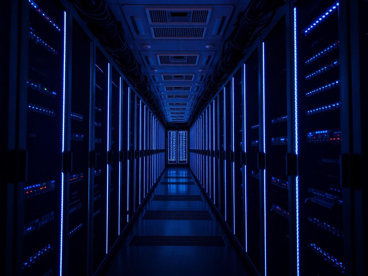 Couloir de data center avec baies serveurs alignées et LED bleues