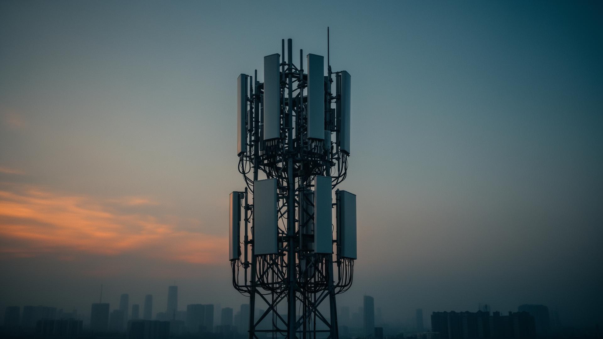 Antennes télécom 5G en silhouette face à une skyline urbaine au crépuscule